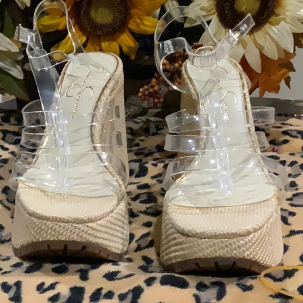 Jessica Simpson Clear Strap Espadrille Wedge Sandals in Natural